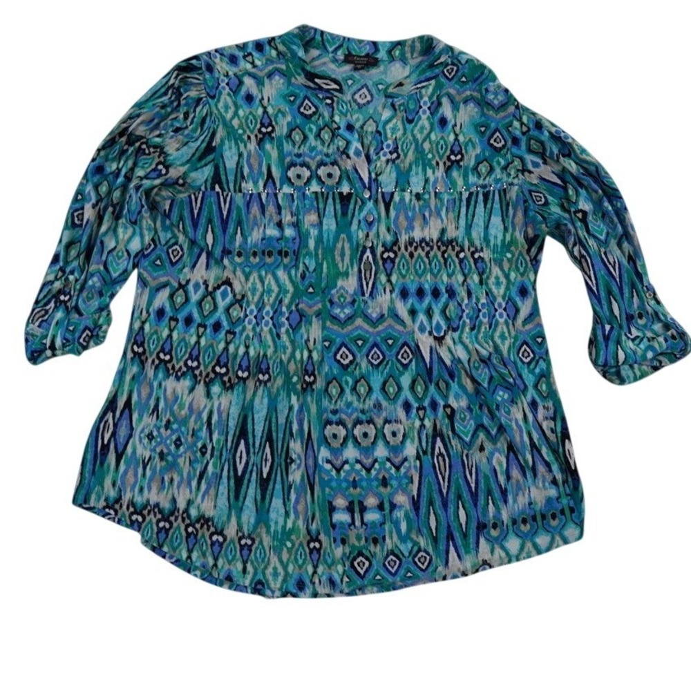 Cocomo‎ Woman Blouse Womens 2X Blue Green Ikat Studded Roll Tab Sleeve Boho Top